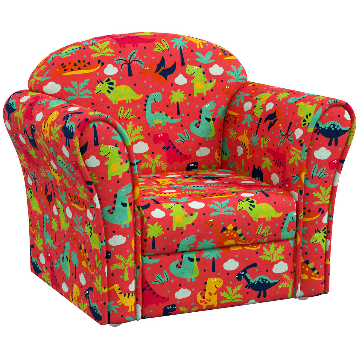 AIYAPLAY Kids Armchair with Dinosaur Design, Wooden Frame, for Bedroom, Playroom, Kids Room - Red