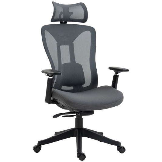 Vinsetto Mesh Office Chair, Ergonomic Desk Chair, Computer Chair with Adjustable Headrest and Lumbar Support, 135√Ç¬∞ Reclining Back and 3D Armrest for Home Office Study, Grey