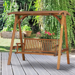 Outsunny 3 Seater Garden Swing Seat Wooden Swing Chair Hammock Bench Lounger with Canopy, Natural