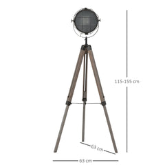 HOMCOM Floor Lamp with Adjustable Tripod for Living Room Bedroom, Vintage Spotlight Reading Lamp with Wood Legs, 115-155cm, Grey