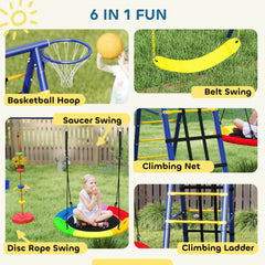 AIYAPLAY 6 in 1 Metal Kids Swing Set with 3 Swings, Climbing Ladder & Net, Basketball Hoop, for Ages 3-8