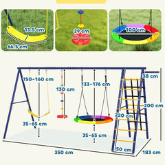 AIYAPLAY 6 in 1 Metal Kids Swing Set with 3 Swings, Climbing Ladder & Net, Basketball Hoop, for Ages 3-8