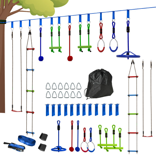 AIYAPLAY 10 Piece Zip Line Kit for Kids with 10m Slackline, Monkey Bars, Swing, Climbing Ladder, Hanging Tray, Metal Rings