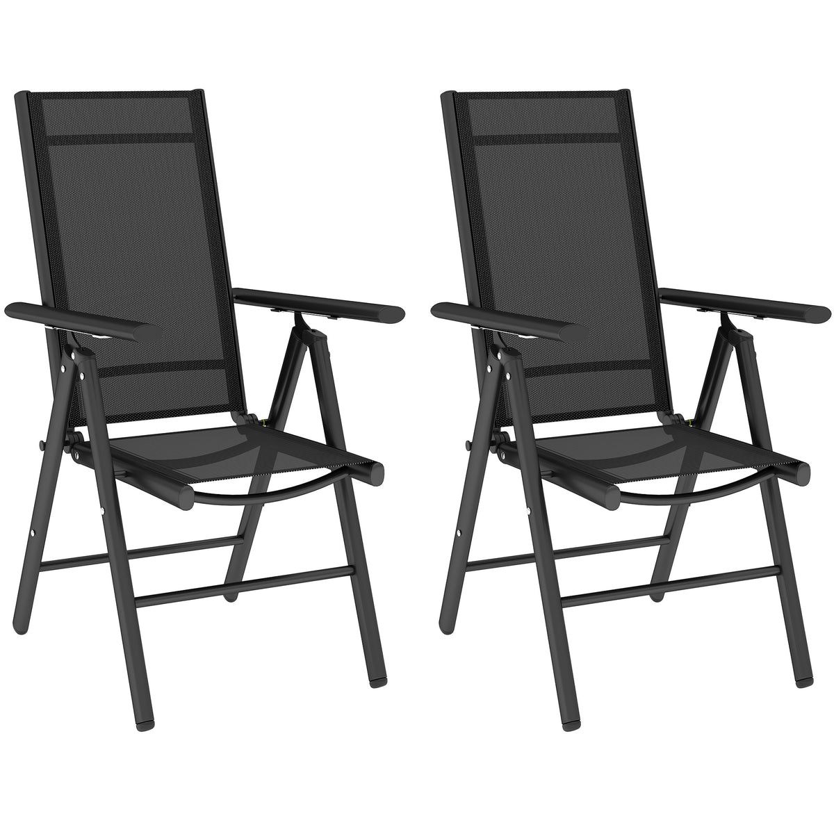 Outsunny Set of 2 Folding Chair, Aluminium Frame Outdoor Camping Chairs with Breathable Mesh Back and Seat, Garden Chair Set with Armrests for Balcony, Black