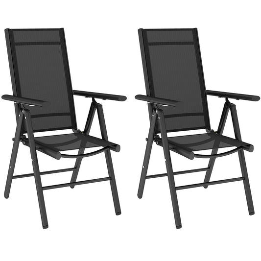 Outsunny Set of 2 Folding Chair, Aluminium Frame Outdoor Camping Chairs with Breathable Mesh Back and Seat, Garden Chair Set with Armrests for Balcony, Black