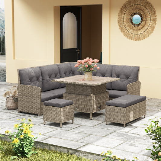 Outsunny 6 Pieces Outdoor PE Rattan Garden Furniture, Patio Wicker Sectional Conversation Corner Sofa w/ Soft Padded Cushion & Liftable Coffee Table, Light Grey