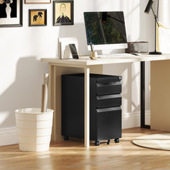 Vinsetto 3-Drawer Steel Filing Cabinet with Lock and Wheels - Black