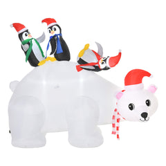 HOMCOM 5ft Outdoor Christmas Inflatable with LED Light, Lighted Blow up Polar Bear with Three Penguins, Giant Yard Party Decoration for Home Garden Lawn Party Prop