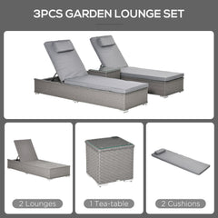 Outsunny 3PC Rattan Sun Lounger, Garden Furniture with Side Table, 5-Position Adjustable Recline Chair, Grey