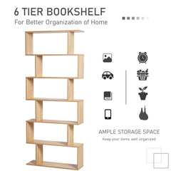 HOMCOM Bookcase, 6 Tier Shelf S Shaped Bookshelf, Storage Unit, Display Shelf for Living Room, Bedroom, Home Office, Plant, Oak