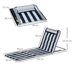 Outsunny Set of 2 Foldable Garden Beach Chair Mat Lightweight Outdoor Sun Lounger Seats Adjustable Back Metal Frame PE Fabric Head Pillow w/ Carry Bag, Blue