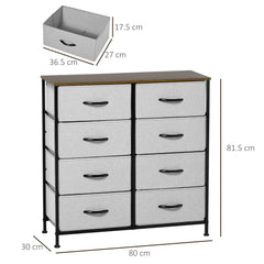 HOMCOM Fabric Chest of Drawers, Storage Drawers, Industrial Bedroom Dresser with 8 Fabric Drawers, Steel Frame and Wooden Top for Nursery, Living Room, Hallway, Grey