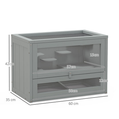 PawHut Wooden Hamster Cage Mouse Mice Rodent Small Animals Hutch Exercise Play House 60 x 35 x 42cm, Grey