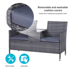 Outsunny 2-Seater PE Rattan Outdoor Garden Bench w/ Centre Table Grey