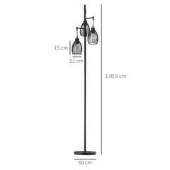 HOMCOM 170cm Industrial 3-Light Floor Lamp, Dimmable Standing Lamp with Steel Lampshades for Living Room, Bedroom, Dinging Room, Study, Black