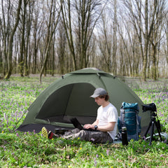 Outsunny 2 Person Camping Tent, Camouflage Tent with Zipped Doors, Storage Pocket, Portable Handy Bag, Dark Green