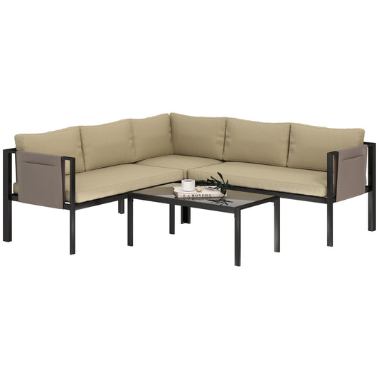 Outsunny 4 Piece Metal Garden Furniture Set with Tempered Glass Coffee Table, Breathable Mesh Pocket, Outdoor Conversational Corner Sofa Loveseat with Padded Cushions, Khaki