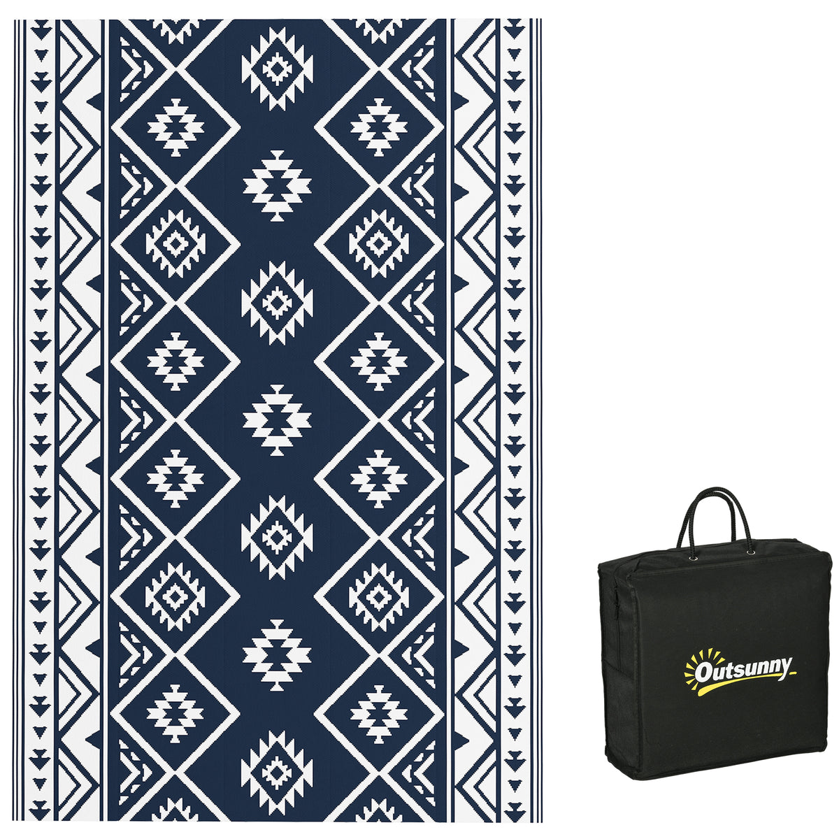 Outsunny Plastic Straw Reversible RV Outdoor Rug with Carry Bag, 182 x 274cm, Dark Blue and White