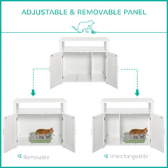 PawHut Wooden Cat Litter Box Enclosure Furniture with Adjustable Interior Wall & Large Tabletop for Nightstand, White