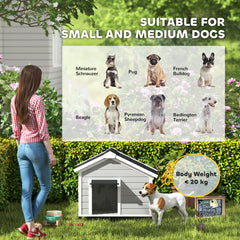 PawHut Wooden Dog House Outdoor with Openable Roof, Removable Floor, Curtain, Elevated Feet, for Medium Dogs, Light Grey