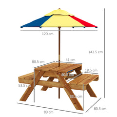 Outsunny Kids Picnic Table Set, 3 in 1 Sand Pit Activity Table, Kids Garden Furniture w/ Removable Parasol, for 3-6 Years