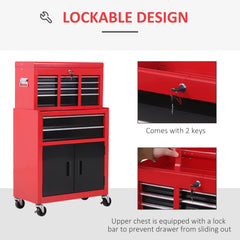 HOMCOM Tool Chest, Metal Tool Cabinet on Wheels with 6 Drawers, Pegboard, Top Chest and Roller Cabinet Combo, 61.6 x 33 x 108cm, Red and Black