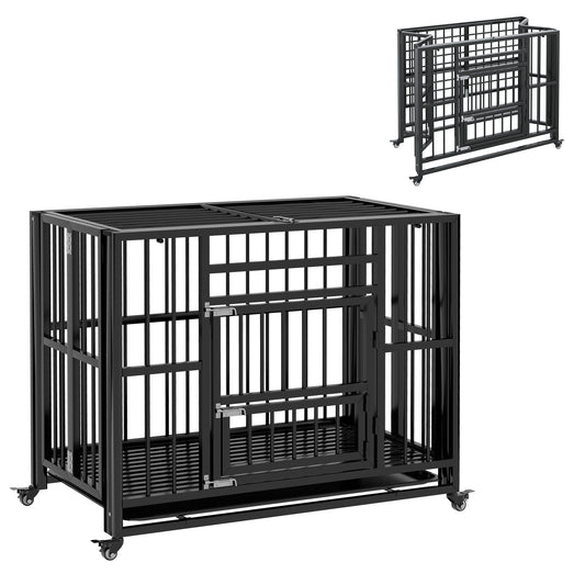 PawHut 37" Heavy Duty Dog Crate, Foldable Dog Cage, with Openable Top, Locks, Removable Tray, Wheels - Black