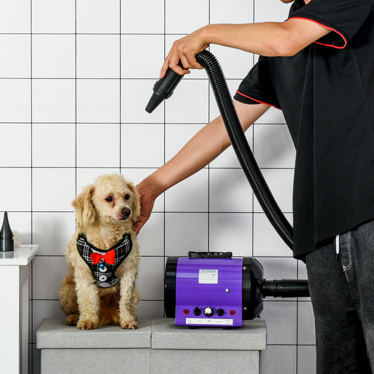 PawHut Dog Hair Dryer Pet Grooming Blaster Dryer Blower Adjustable Temperature Speed with 2.1M Flexible Hose 3 Nozzles - Purple