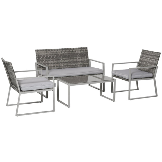 Outsunny 4PC Rattan Garden Furniture Set 2 Single Sofa Arm Chairs 1 Bench with Cushions & Coffee Table Patio Backyard Wicker Weave