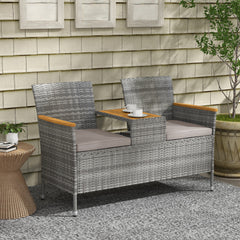 Outsunny Two-Seat Rattan Loveseat, with Wood-Top Middle Table - Grey