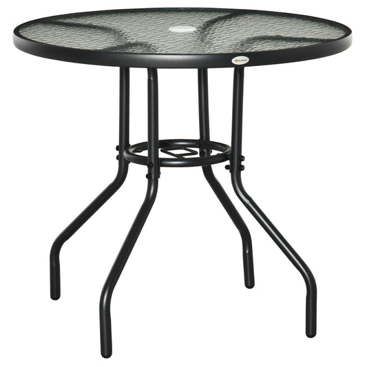 Outsunny Outdoor √è‚Ä†80cm Round Dining Table Tempered Glass Top Steel Frame Bistro Coffee End Side Table Garden w/ Parasol Hole