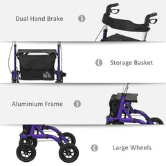 HOMCOM Folding Rollator Walker with Seat, Backrest, Lightweight Walking Frame with Storage Bag, Dual Brakes, All-terrain Wheels, Adjustable Handle Height, 4 Wheeled Walker for Seniors, Purple