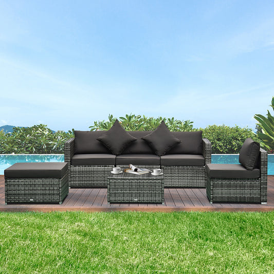 Outsunny 6 Pieces Outdoor Rattan Corner Sofa Set, Patio Aluminium Frame with All-weather Wicker Conversation Furniture w/ Coffee Table & Cushions, Grey