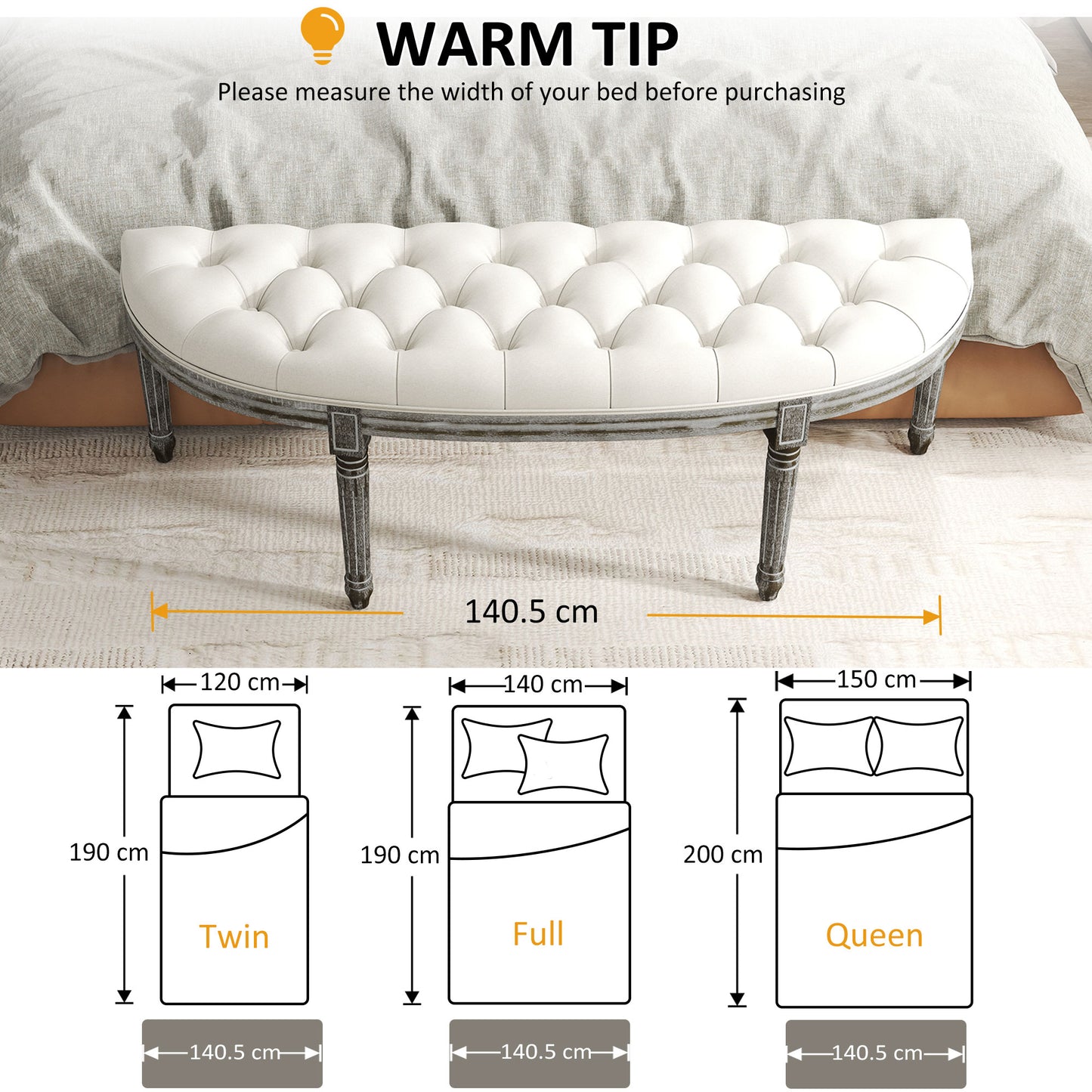 HOMCOM Half-Circle End Bench Ottoman Footstool Tufting Padded Seat Brushed Wood Base Antique Accents Home Seat Furniture Cream White and Light Wood Grain Leg