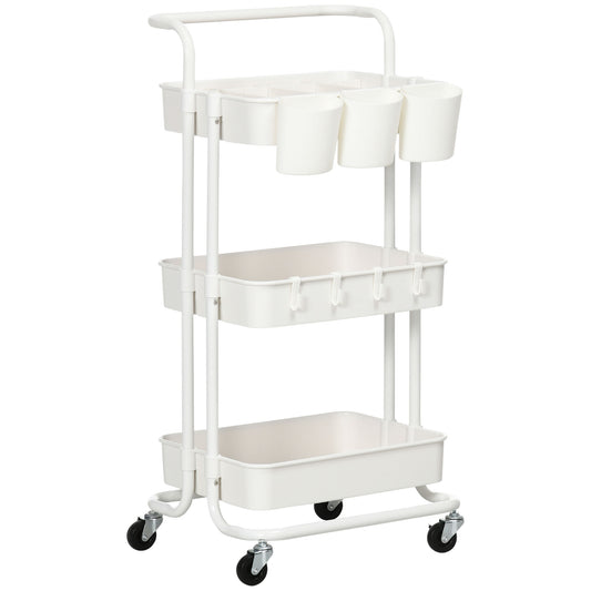 HOMCOM Three-Tier Home Trolley, with Handle and Wheels - White