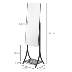 HOMCOM Free Standing Dressing Mirror, Full Length Mirror with Adjustable Angle, Storage Shelf for Living Room, Bedroom, Hallway