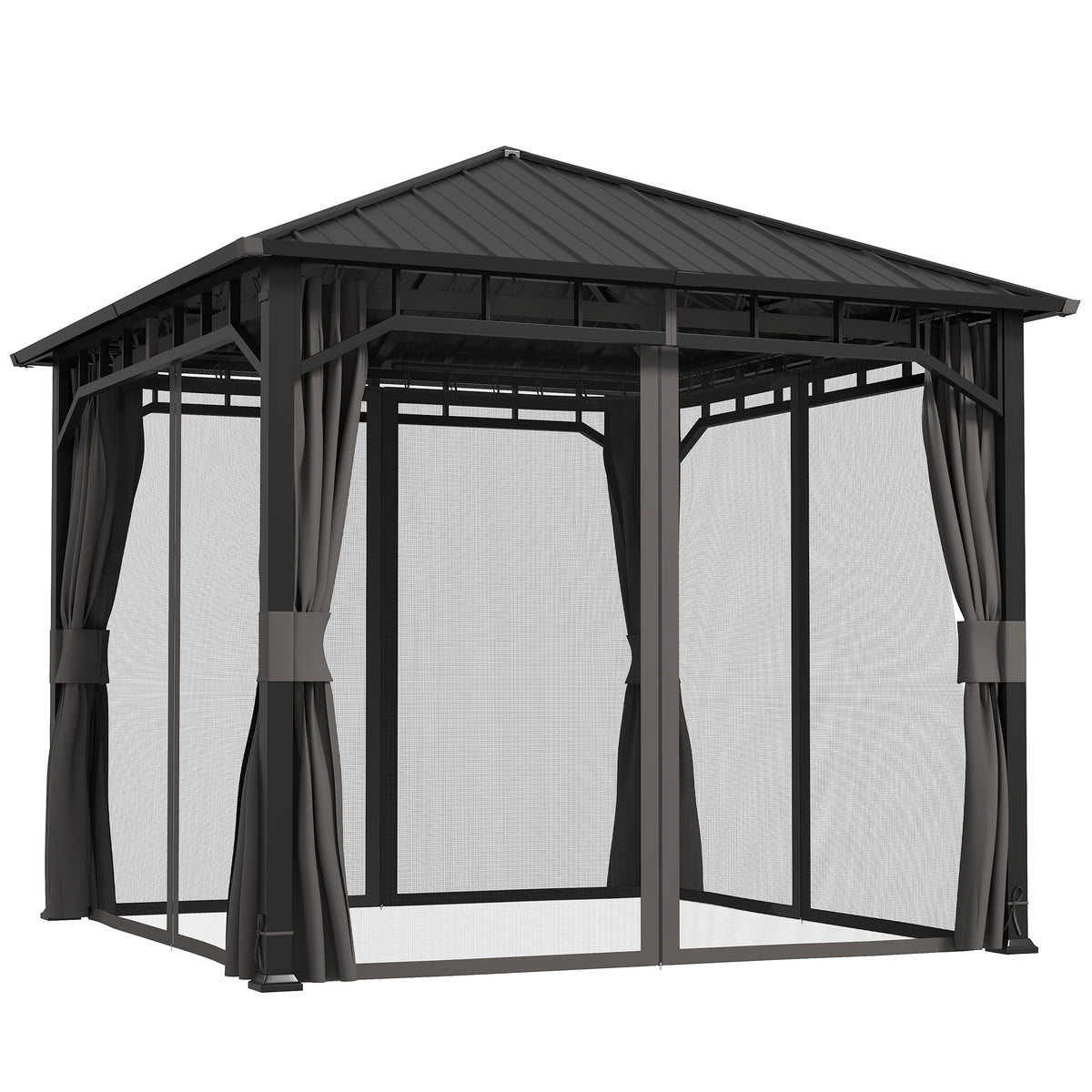 Outsunny 3 x 3(m) Hardtop Gazebo with Galvanised Steel Roof and Water Gutter, Waterproof Permanent Pavilion Garden Gazebo with Netting and Curtains for Patio, Deck