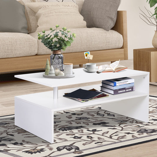 HOMCOM Coffee Table with Storage, 2-Tier Centre Table, Modern Living Room Table with Open Shelf and Aluminium Poles, White