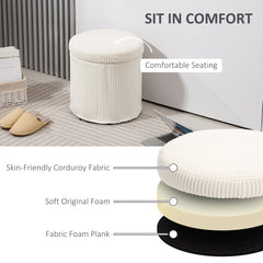 HOMCOM 40cm Round Storage Ottoman, Corduroy Footstool with Removable Lid and Legs, Vanity Stool for Living Room, Bedroom, Beige