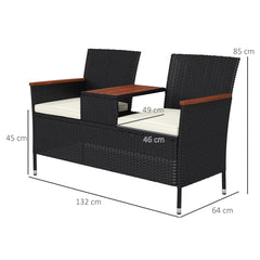 Outsunny Two-Seat Rattan Loveseat, with Wood-Top Middle Table - Black