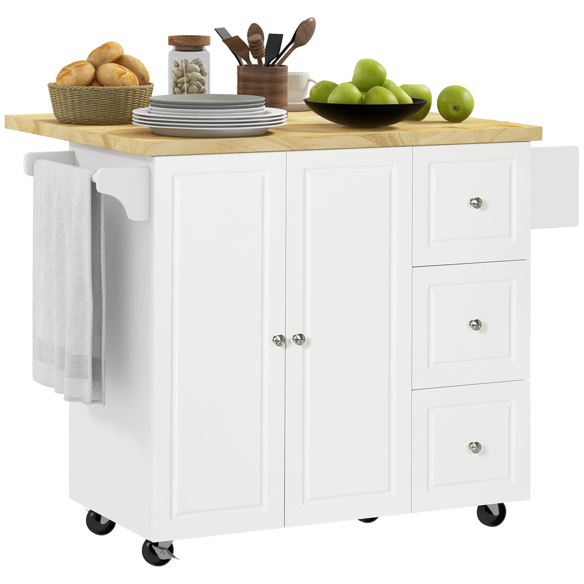 HOMCOM Drop-Leaf Kitchen Island on Wheels Utility Storage Cart with Drawers & Cabinet for Kitchen, Dining & Living Room