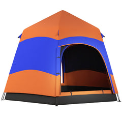 Outsunny Double Layer Dome Tent with Rainfly and Welded Floor, 4 Man Hexagon Pop Up Tent, Portable Camping Shelter with Hang Hook and Carry Bag, for Festival Hiking Family, Orange and Blue