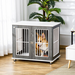 PawHut Dog Crate Wooden Pet Kennel Cage End Table w/ Lockable Door for Small Medium Dog Grey & White 85 x 55 x 75 cm