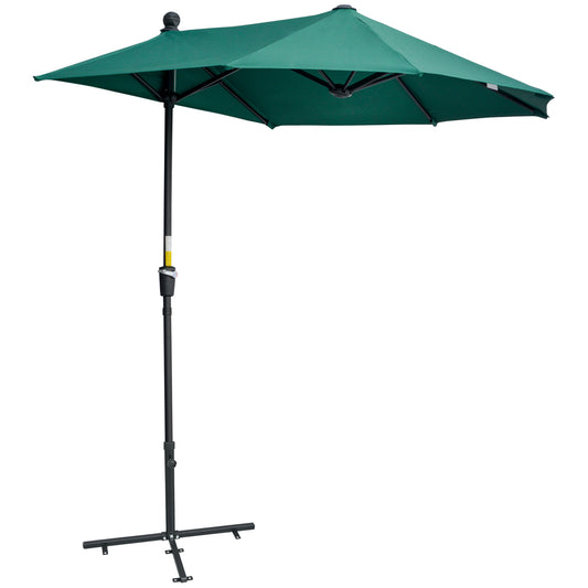 Outsunny 2m Half Parasol Market Umbrella Garden Balcony Parasol with Crank Handle, Base, Double-Sided Canopy, Dark Green