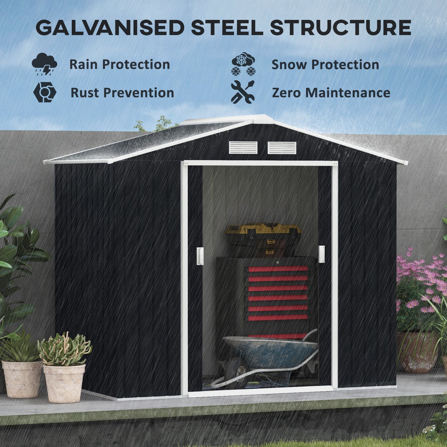 Outsunny 7 x 4ft Weatherproof Shed, Outdoor Bike Storage Shed with Ventilation Slots, Foundation Kit and Lockable Double Doors, Dark Grey