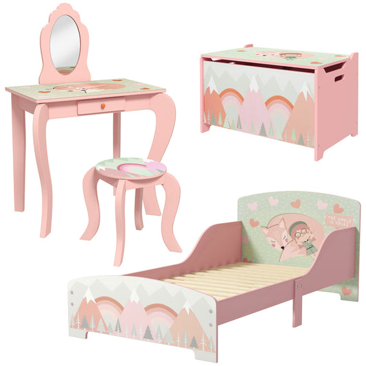 ZONEKIZ Kids Bedroom Furniture Set Includes Bed Frame, Toy Chest, Dressing Table for Ages 3-6 Years, Pink