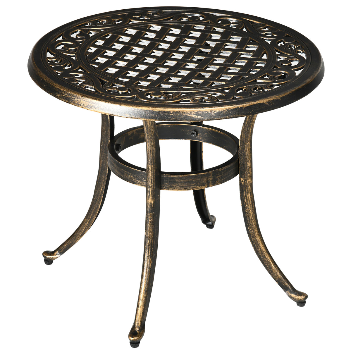 Outsunny 60cm Round Garden Table, Outdoor Hollow Top Design Side Table with Cast Aluminium Frame for Patio, Garden, Balcony, Bronze