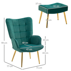 HOMCOM Modern Armchair with Footstool, Upholstered Accent Chair with Ottoman, Steel Legs, Velvet Wingback Chair for Living Room, Bedroom, Home Study, Dark Green