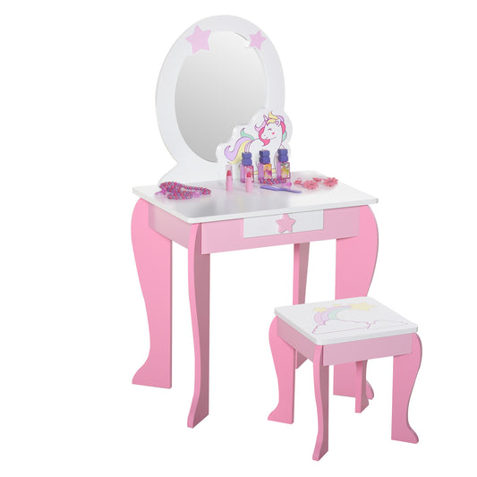 HOMCOM Kids Dressing Table with Mirror, Stool, Pink