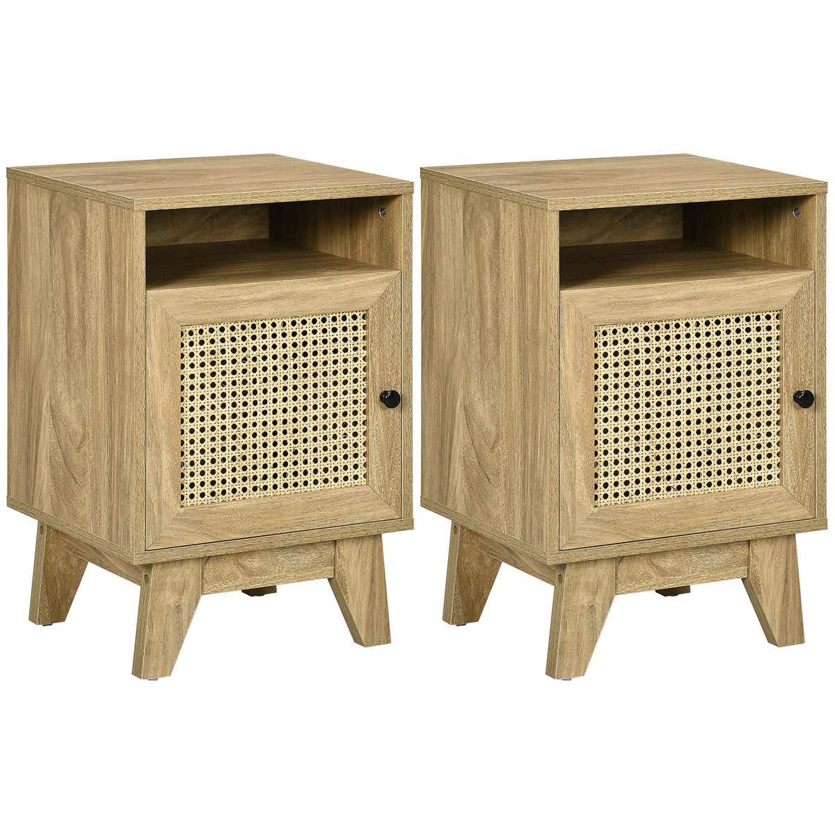 HOMCOM 2-Piece Narrow Rattan Nightstands, Side End Table with Shelf and Cupboard, 39cm x 35cm x 60cm, Natural